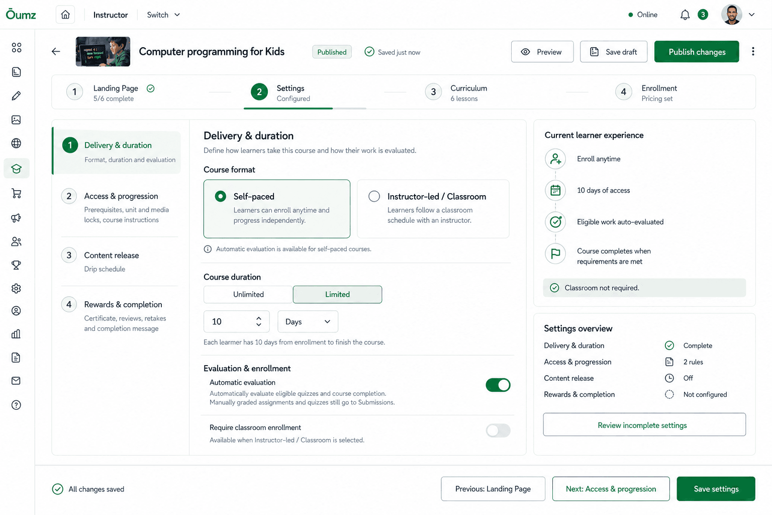 AcademyLauncher course delivery and duration settings