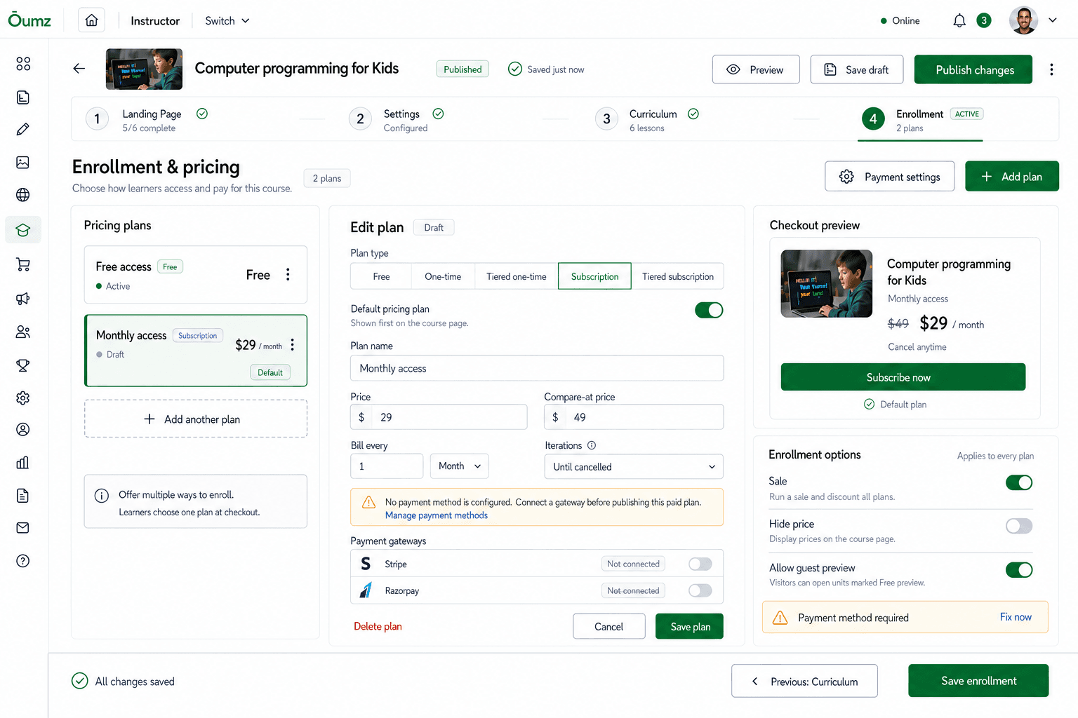 AcademyLauncher course enrollment and subscription pricing controls
