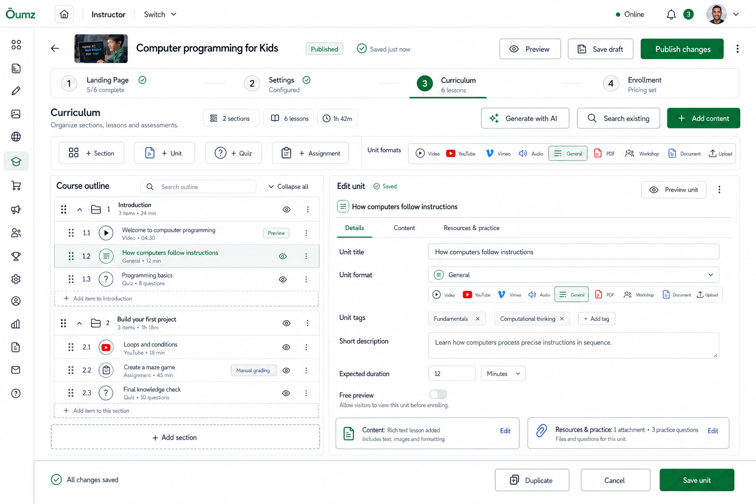 Instructor curriculum builder for lessons and assessments