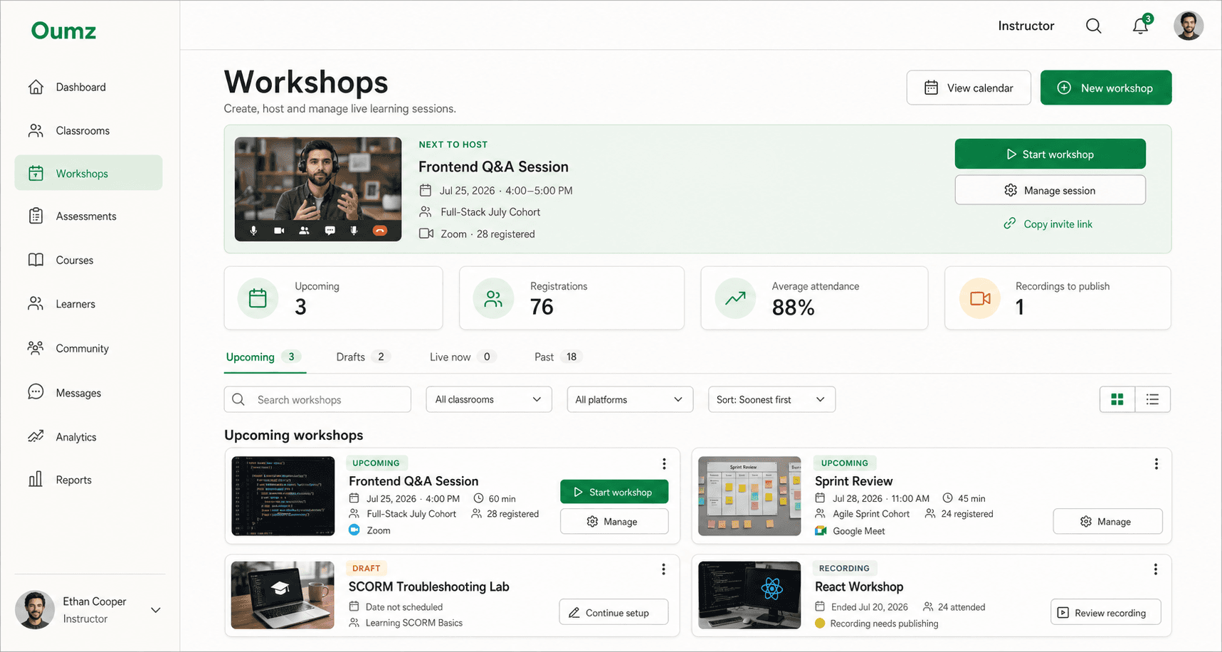 Instructor workshop and live teaching management