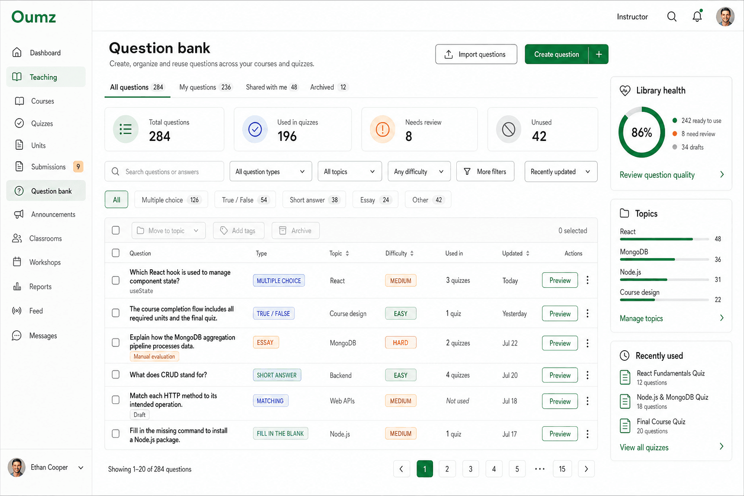 Instructor question bank and quiz authoring workspace