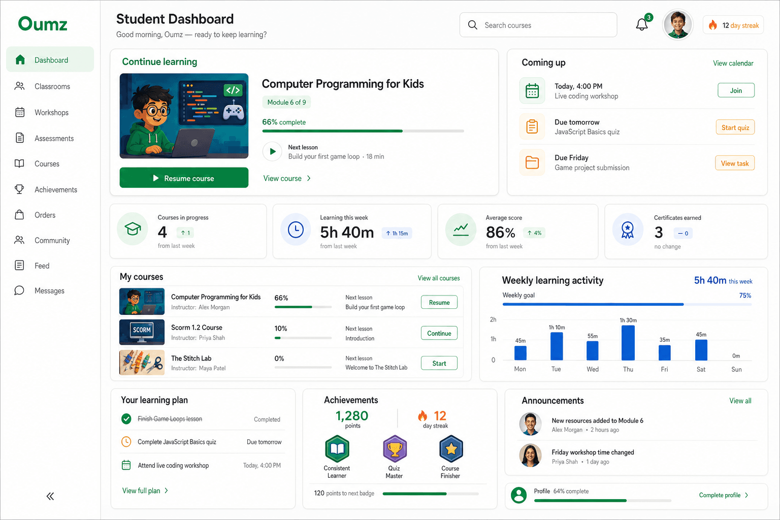 Student dashboard with learning progress and guidance